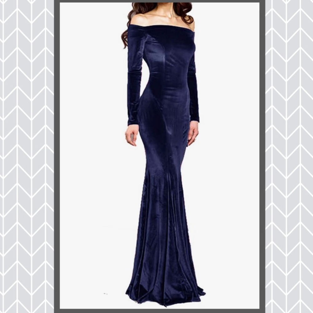 NEW off shoulder navy velvet mermaid evening gown